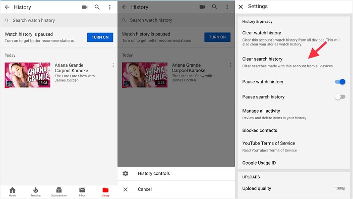 Clear All Search History on YouTube App