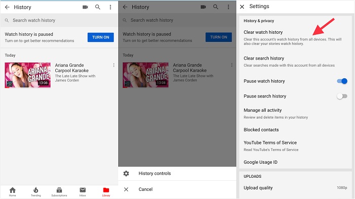 Clear All Watch History on YouTube App