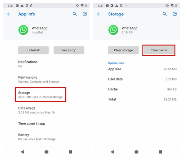 Clear WhatsApp Cache Android
