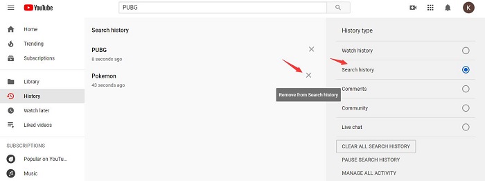 Delete Item from YouTube Search History