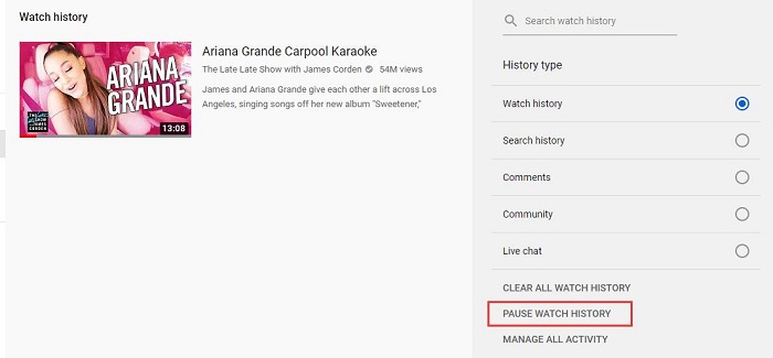 Pause YouTube Watch History